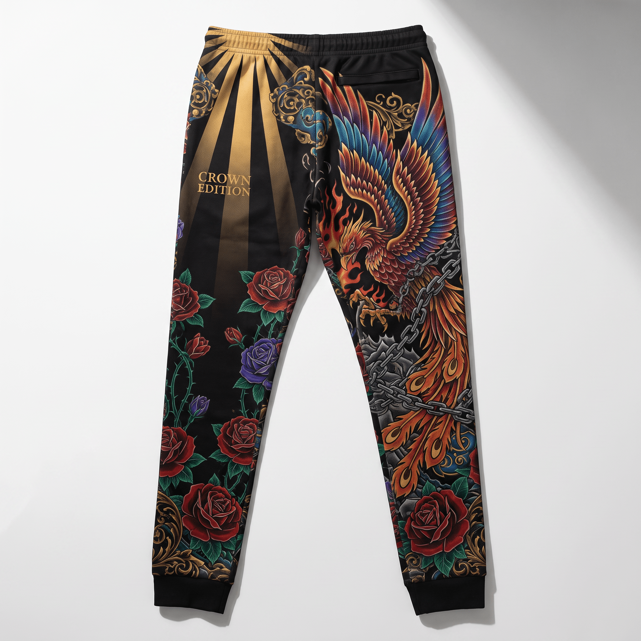 Black joggers with vibrant phoenix, rose, and sunburst graphics on a white background.
