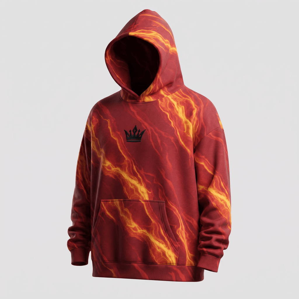 Red hoodie with yellow flame graphic print, front pocket, and black embroidered crown logo on chest.