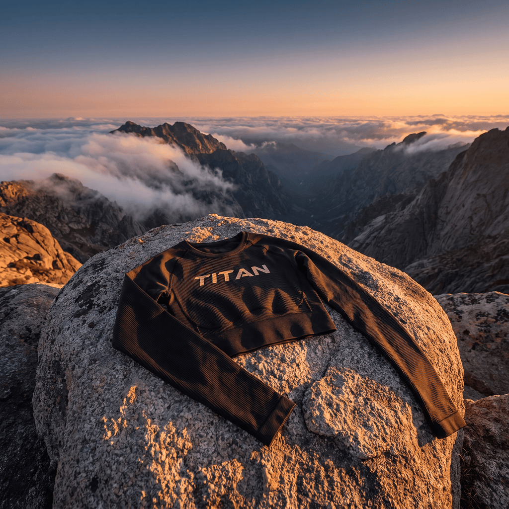 Black, ribbed long-sleeve crop top with gold "TITAN" logo centered on a mountain peak at sunset.