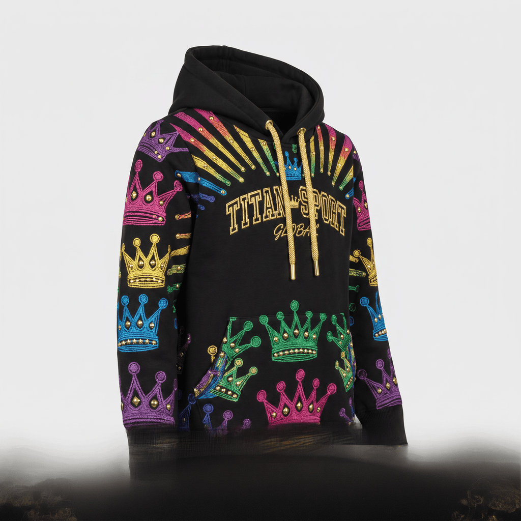 Black hoodie with colorful embroidered crowns and Titan Sport text in gold, featuring a drawstring hood and front pocket.