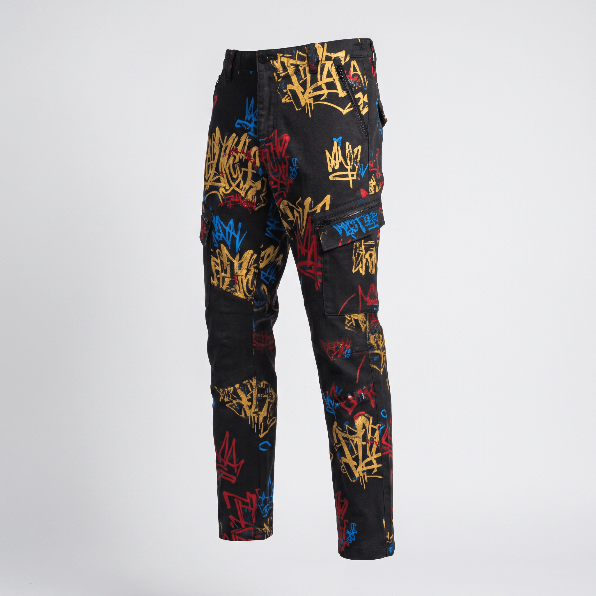 Black cargo pants with colorful graffiti print in yellow, blue, and red against a plain background.