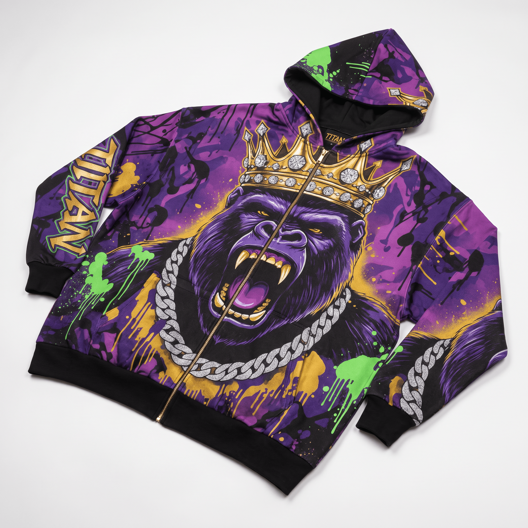 Purple zip-up hoodie featuring a roaring gorilla wearing a jeweled crown and chain, with graffiti art.