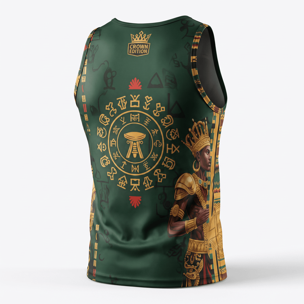 Back view of a green Crown Edition tank top featuring gold African-inspired royal graphics and symbols.