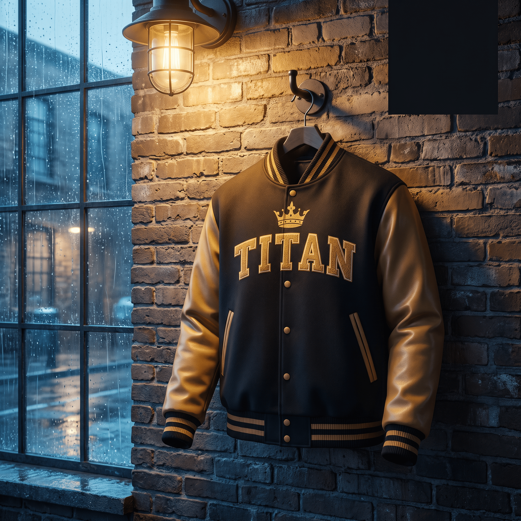 Black and gold varsity jacket hanging on a brick wall with "TITAN" and a crown logo on the chest.