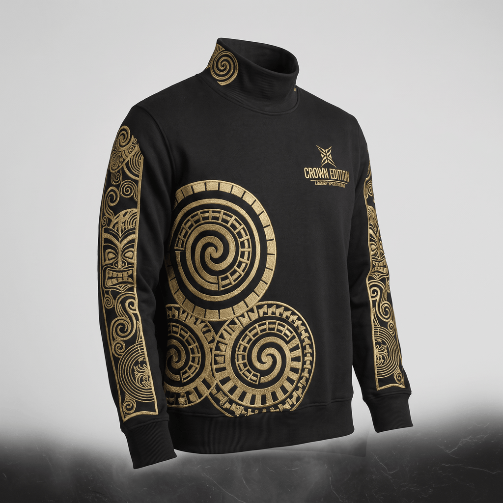 Black mock neck sweatshirt with metallic gold Polynesian tribal spiral embroidery and Crown Edition logo.