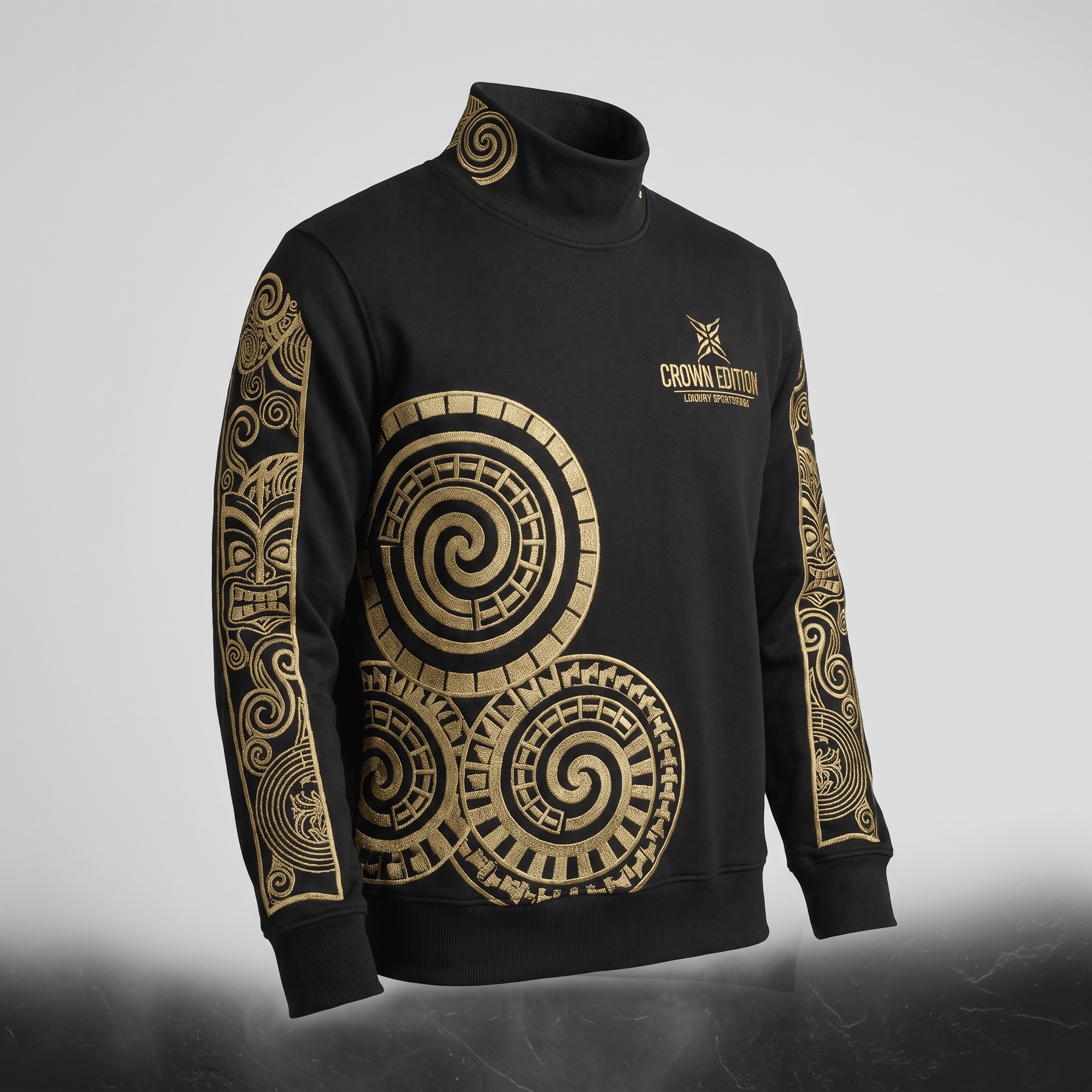 Black mock neck sweatshirt with metallic gold Polynesian tribal spiral embroidery and Crown Edition logo.