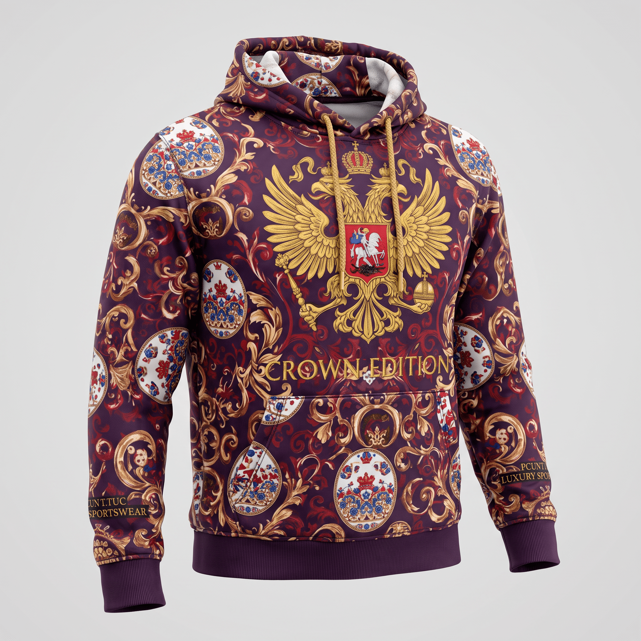 Maroon hoodie with gold imperial double-headed eagle crest and baroque crown print.