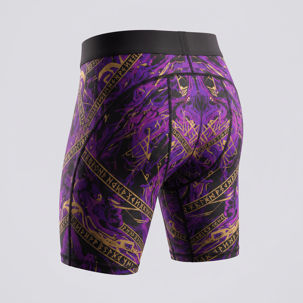 Back view of purple and black compression shorts with gold rune patterns and a wide black waistband.