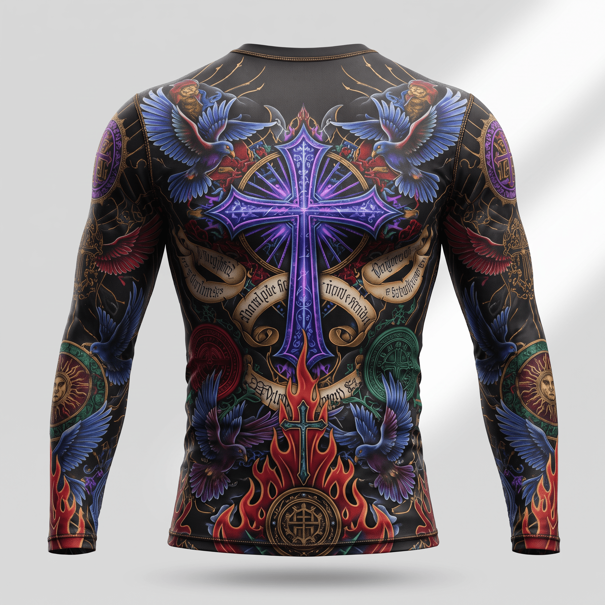 Black long-sleeve rash guard featuring a gothic tattoo print with a purple cross, blue birds, and red flames.