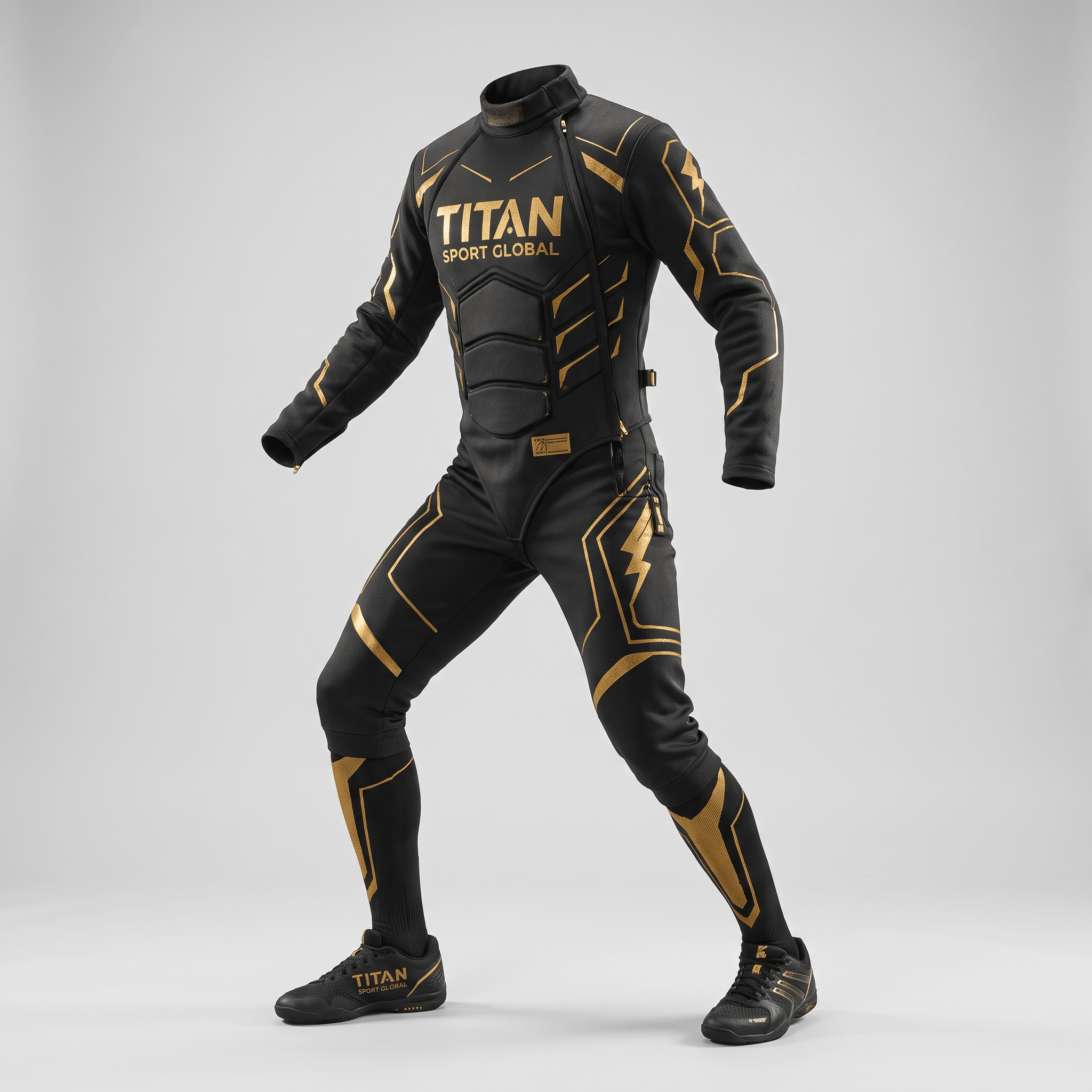 Black and gold Titan Sport Global fencing uniform with padded jacket, matching trousers, and shoes.