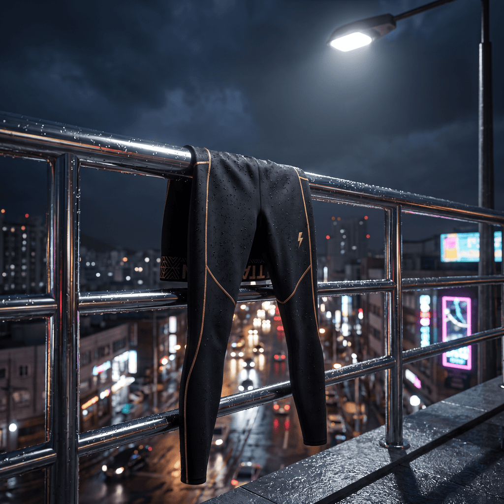 Black athletic leggings with gold trim and a lightning bolt logo, draped over a rainy city balcony railing at night.