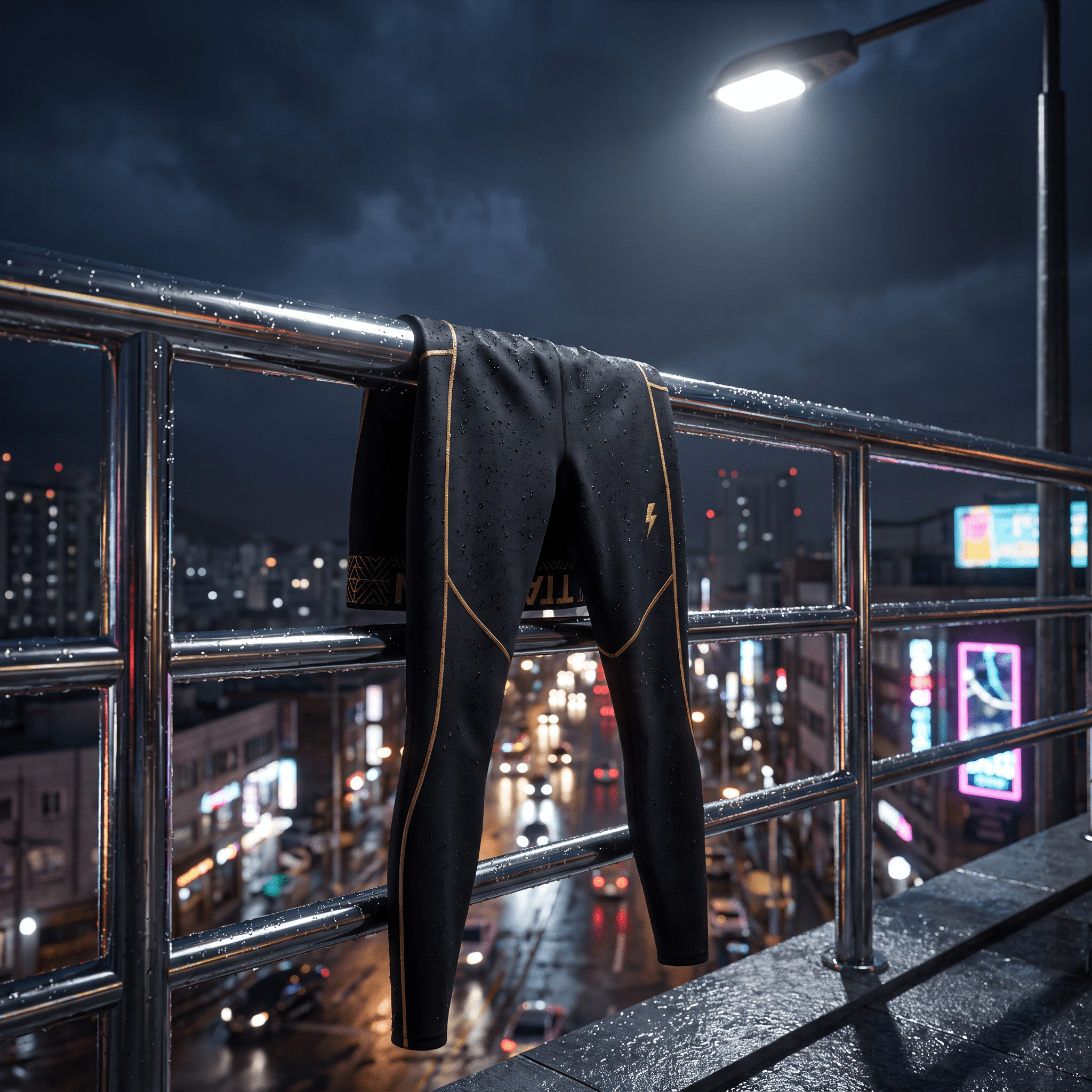 Black athletic leggings with gold trim and a lightning bolt logo, draped over a rainy city balcony railing at night.
