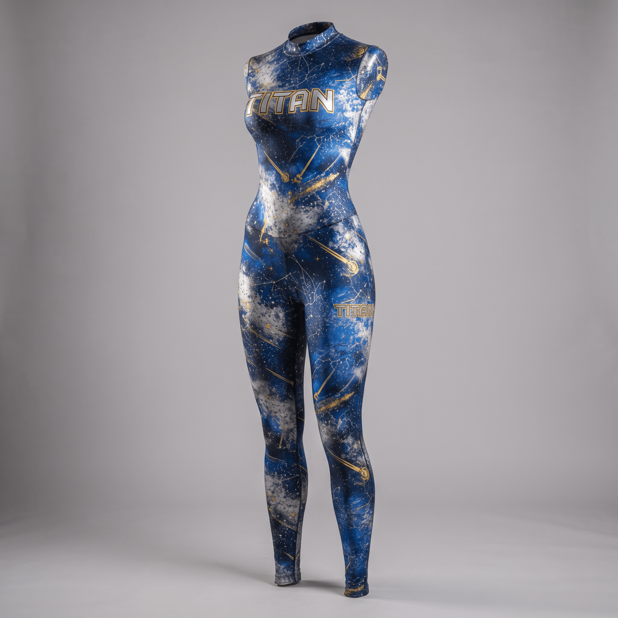 Blue and white space-themed onesie with gold Titan branding on a mannequin.