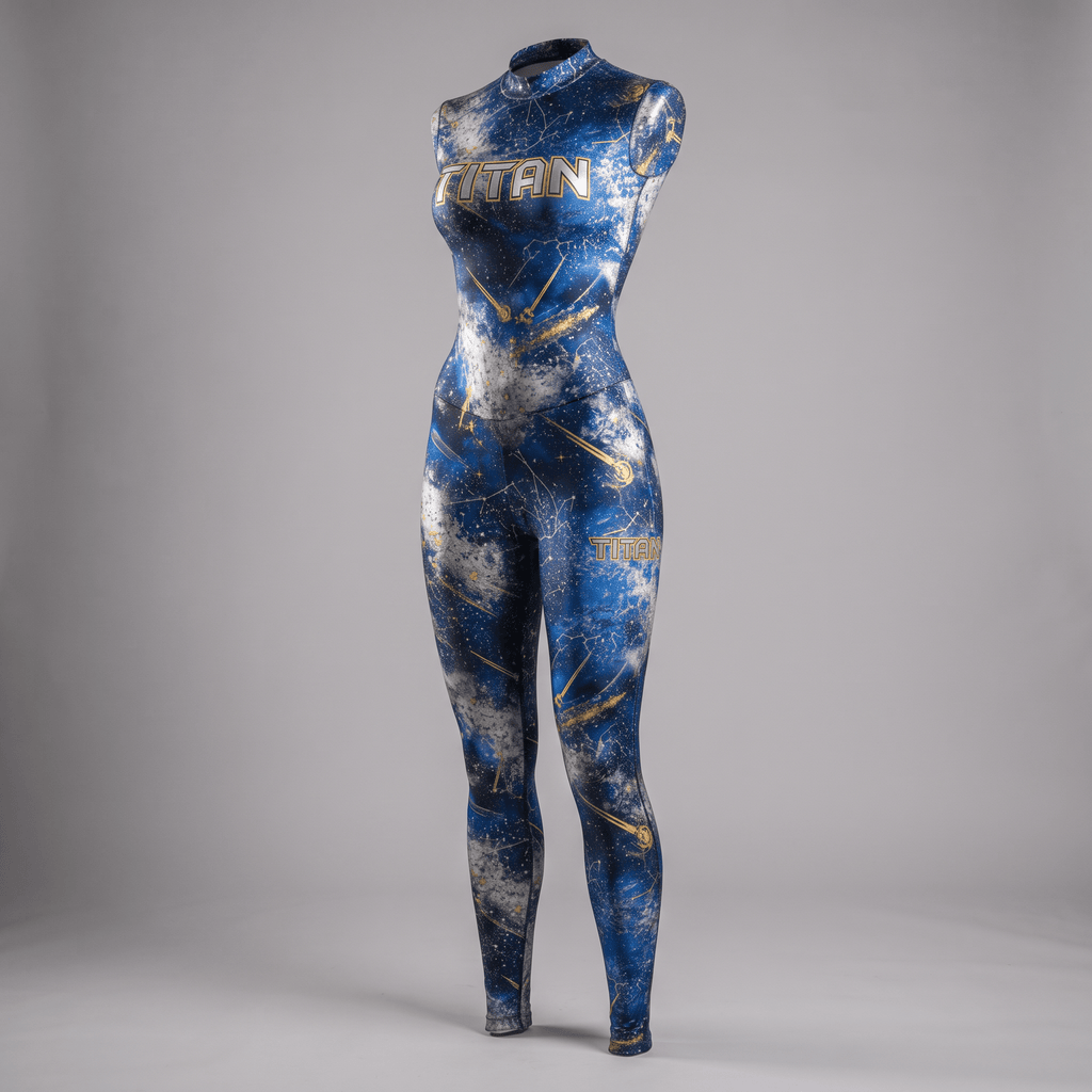 Blue space-print sleeveless athletic bodysuit with gold Titan branding on a mannequin.