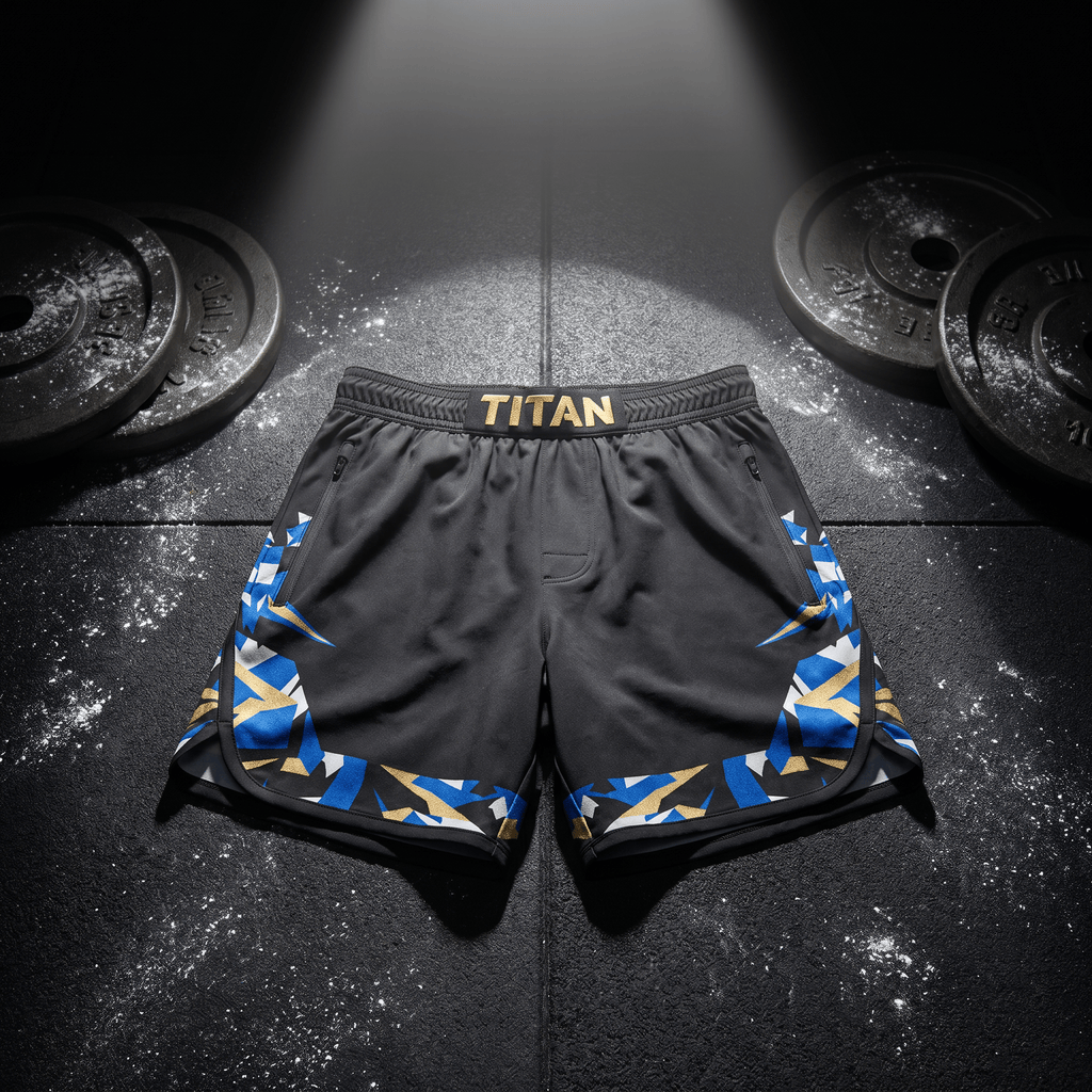 Black athletic shorts with gold "TITAN" waistband and blue, gold, and white geometric accents on a gym floor.