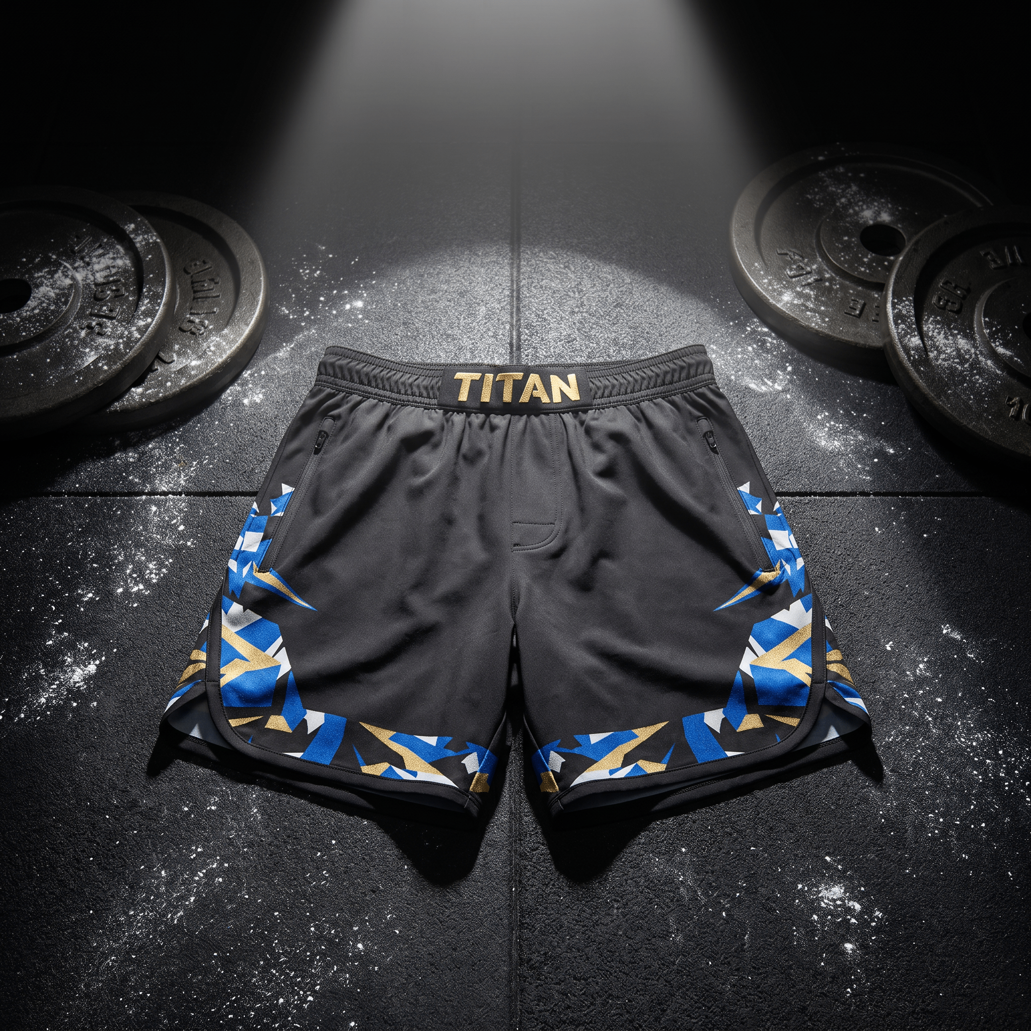 Black athletic shorts with gold "TITAN" waistband and blue, gold, and white geometric accents on a gym floor.