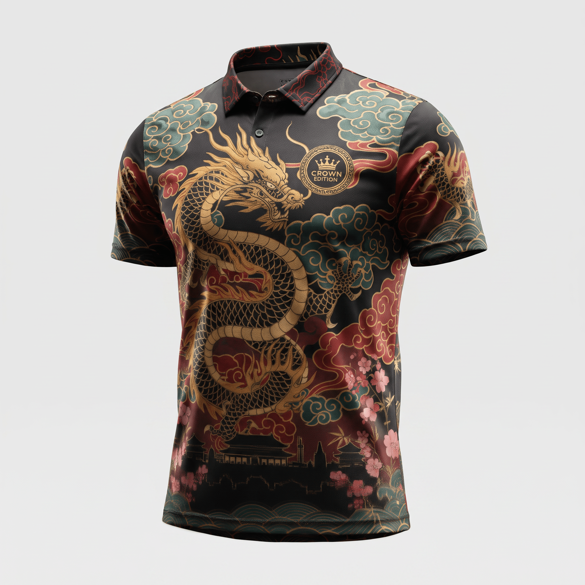 Black polo shirt featuring an intricate gold dragon, red and teal clouds, and Japanese temple graphics.