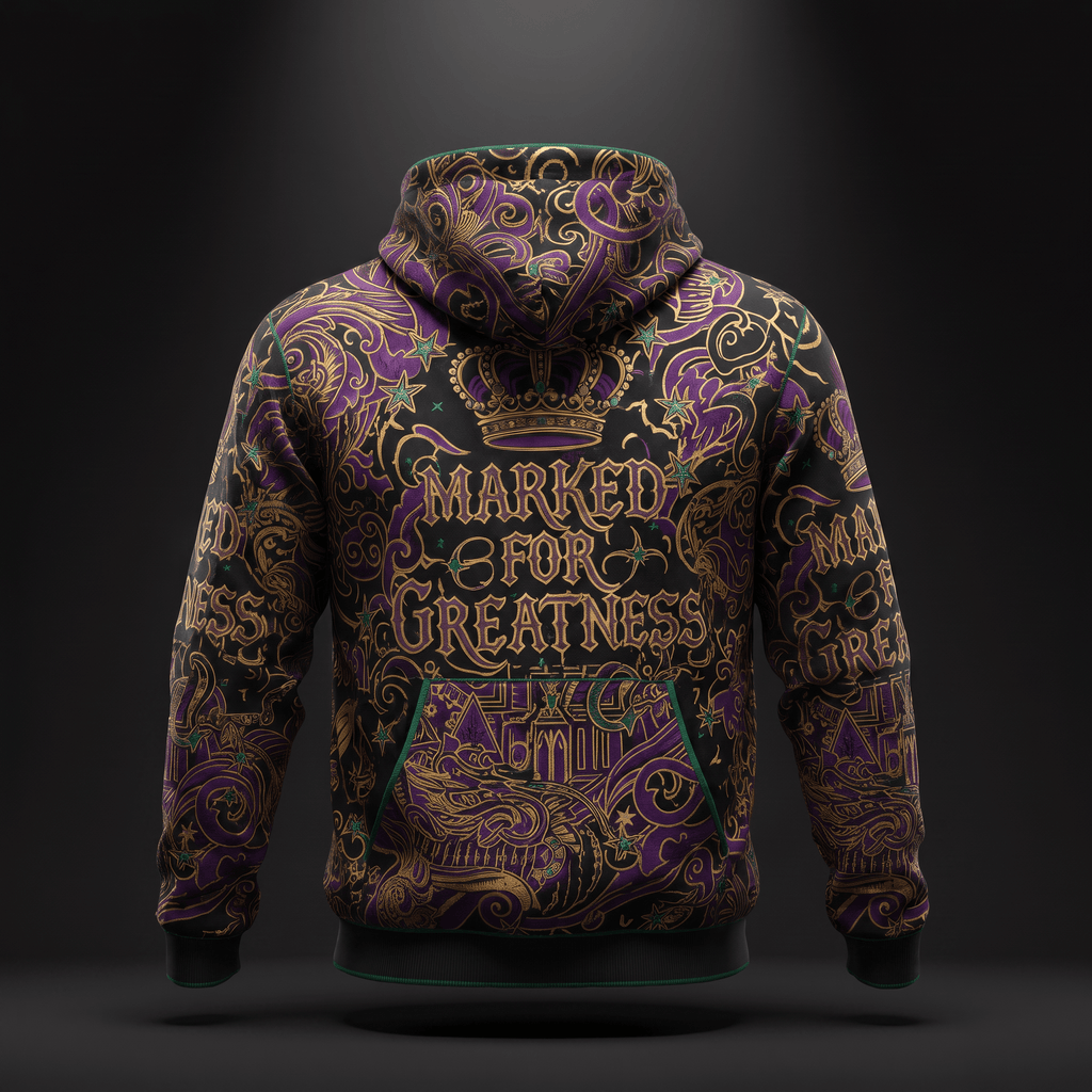 Back of black hoodie with purple and gold filigree, crown graphic, and Marked for Greatness text.