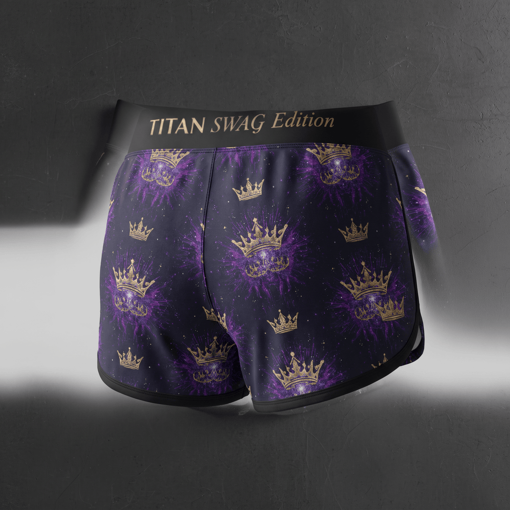 Titan Swag Edition purple athletic shorts featuring a gold crown and purple burst print, back view.
