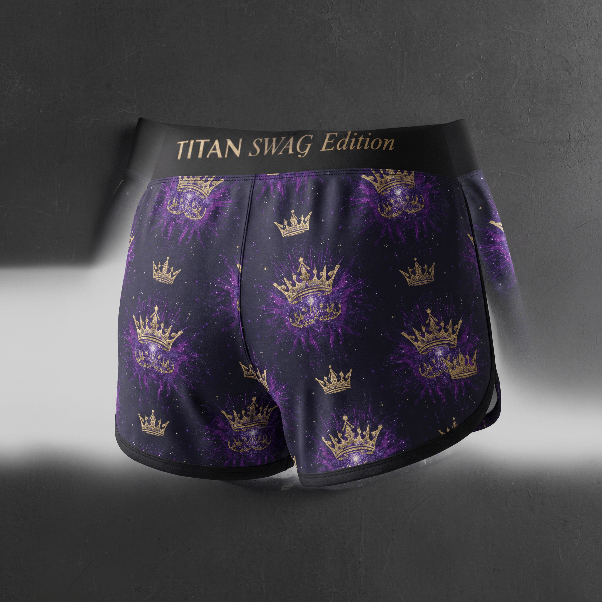 Titan Swag Edition purple athletic shorts featuring a gold crown and purple burst print, back view.
