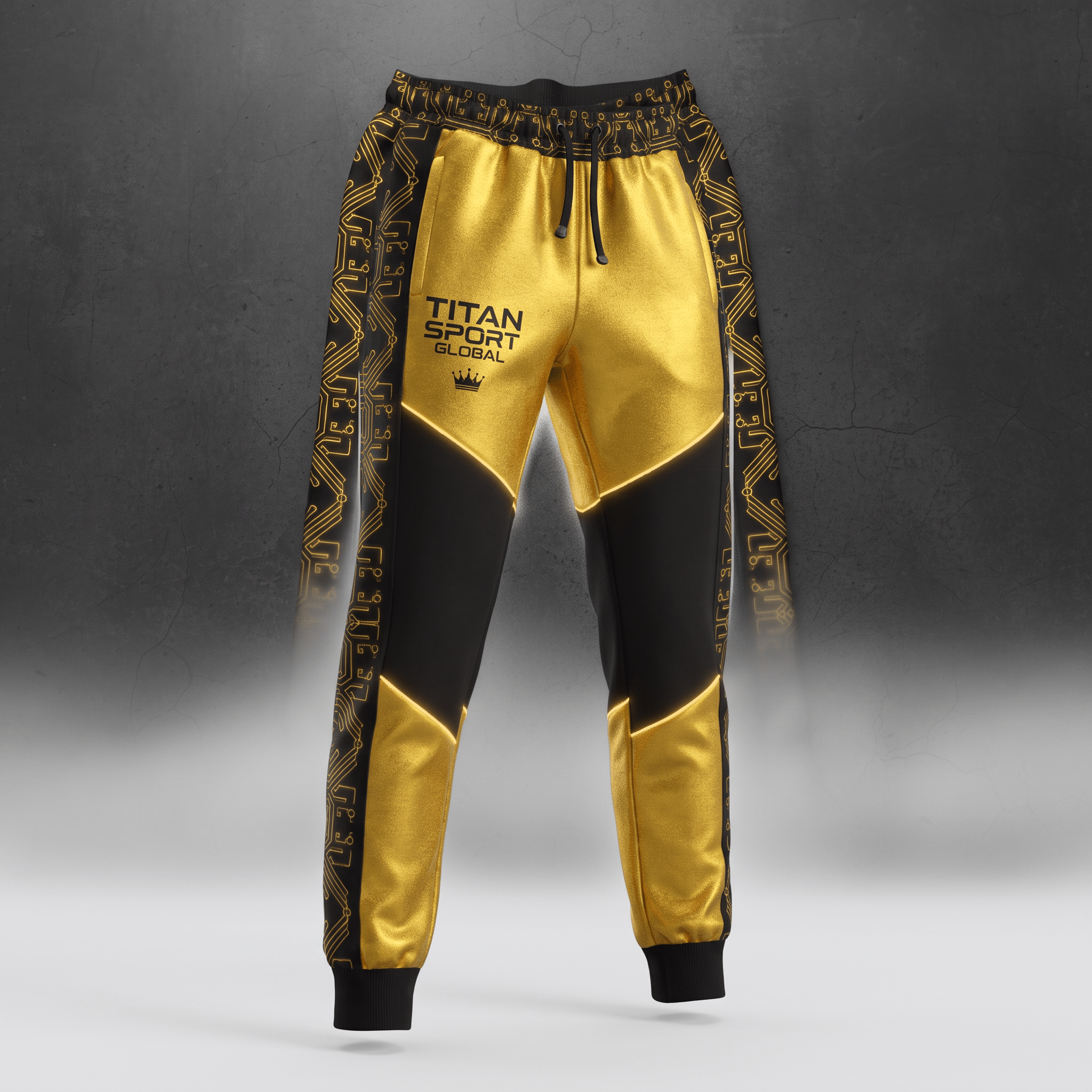 Gold and black athletic sweatpants with Titan Sport Global logo and circuit board side panels.