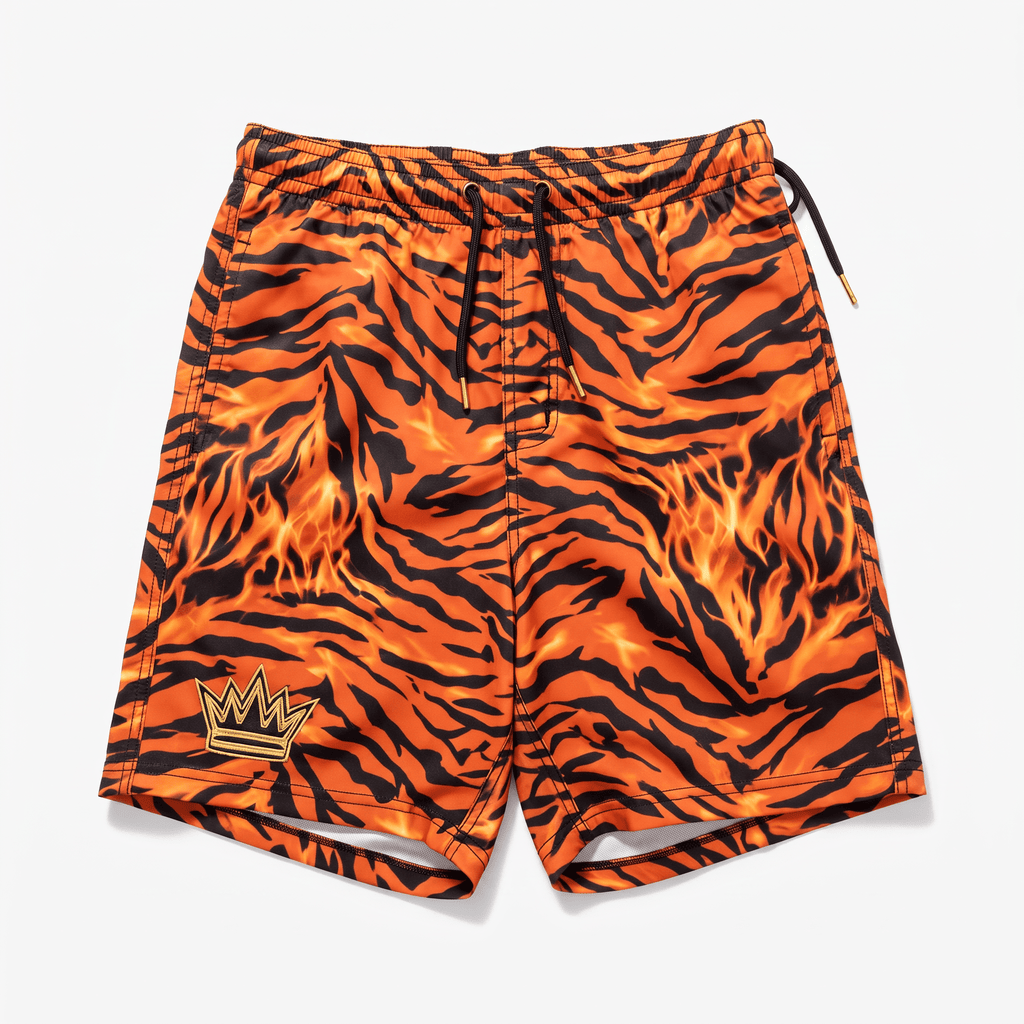 Orange and black tiger stripe flame print swim shorts with an elastic drawstring waist and gold crown logo.