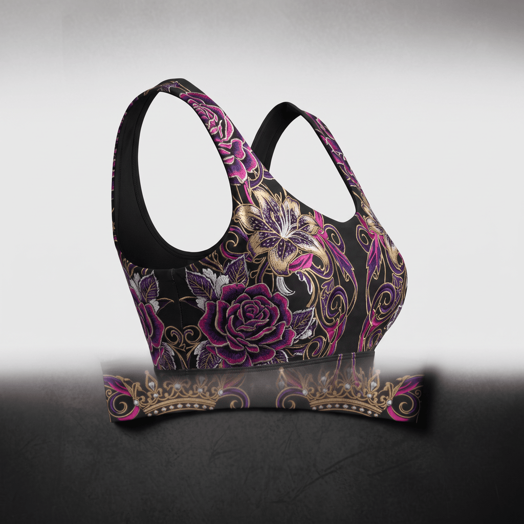 Black sports bra featuring purple and gold embroidered floral rose and lily print with ornate flourishes.