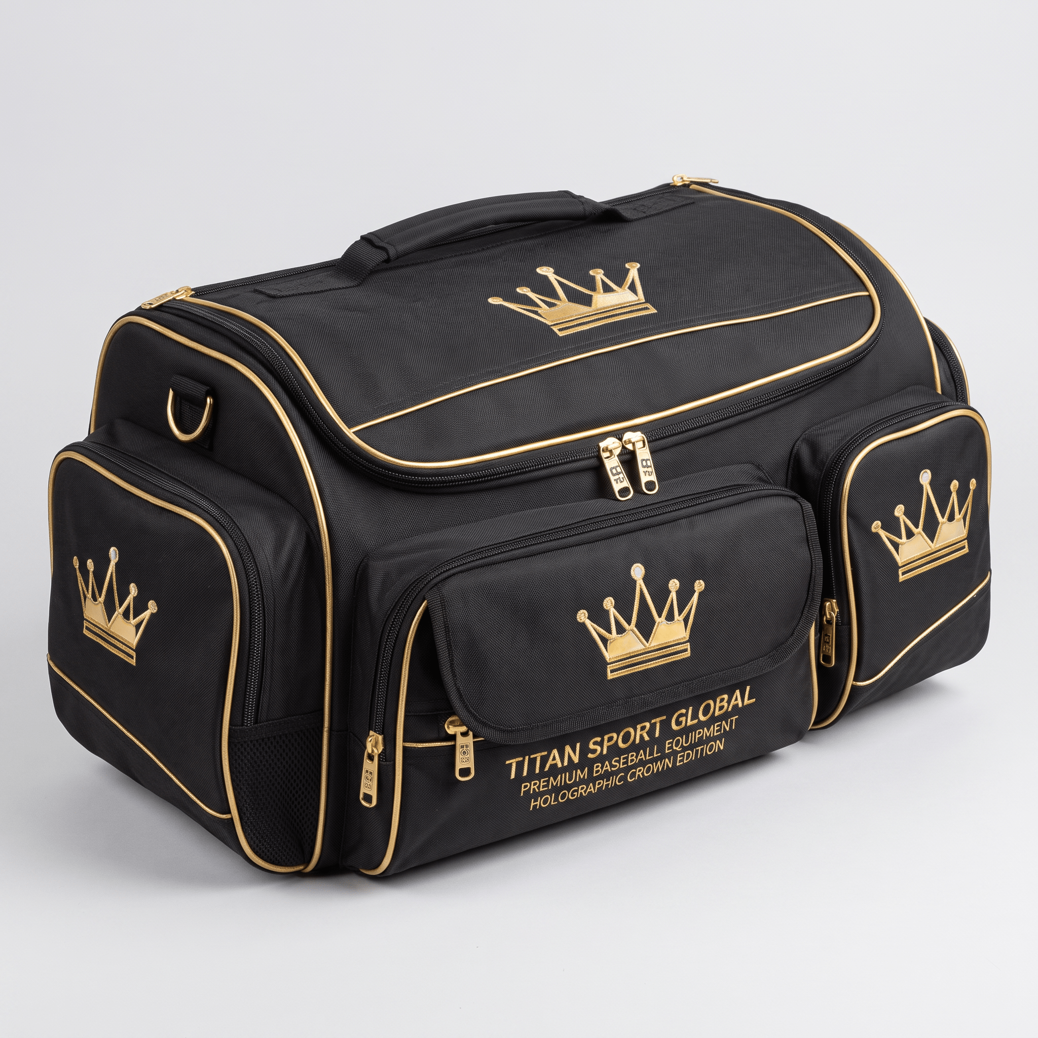 Black and gold Titan Sport Global baseball equipment duffel bag with crown logos.