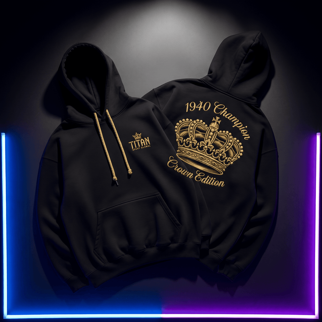 Black hoodie featuring a gold "Titan" logo, gold rope drawstrings, and a "1940 Champion Crown Edition" back graphic.