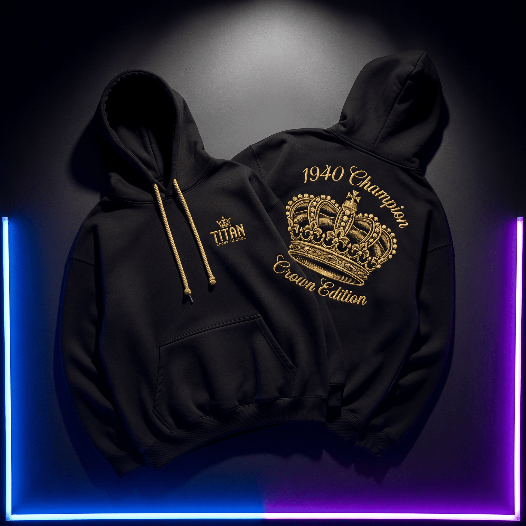 Black hoodie featuring a gold "Titan" logo, gold rope drawstrings, and a "1940 Champion Crown Edition" back graphic.