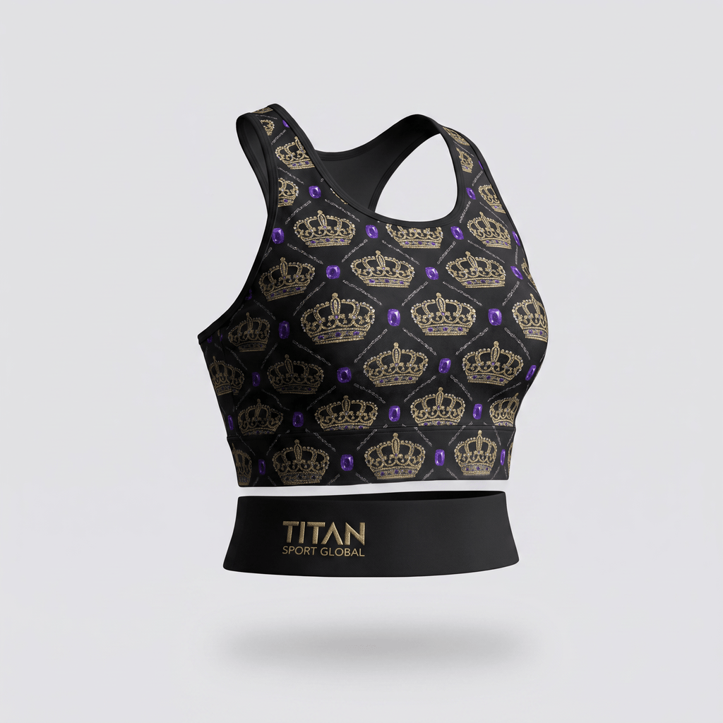 Black sports bra featuring a gold crown and purple gem pattern with Titan Sport Global branding.