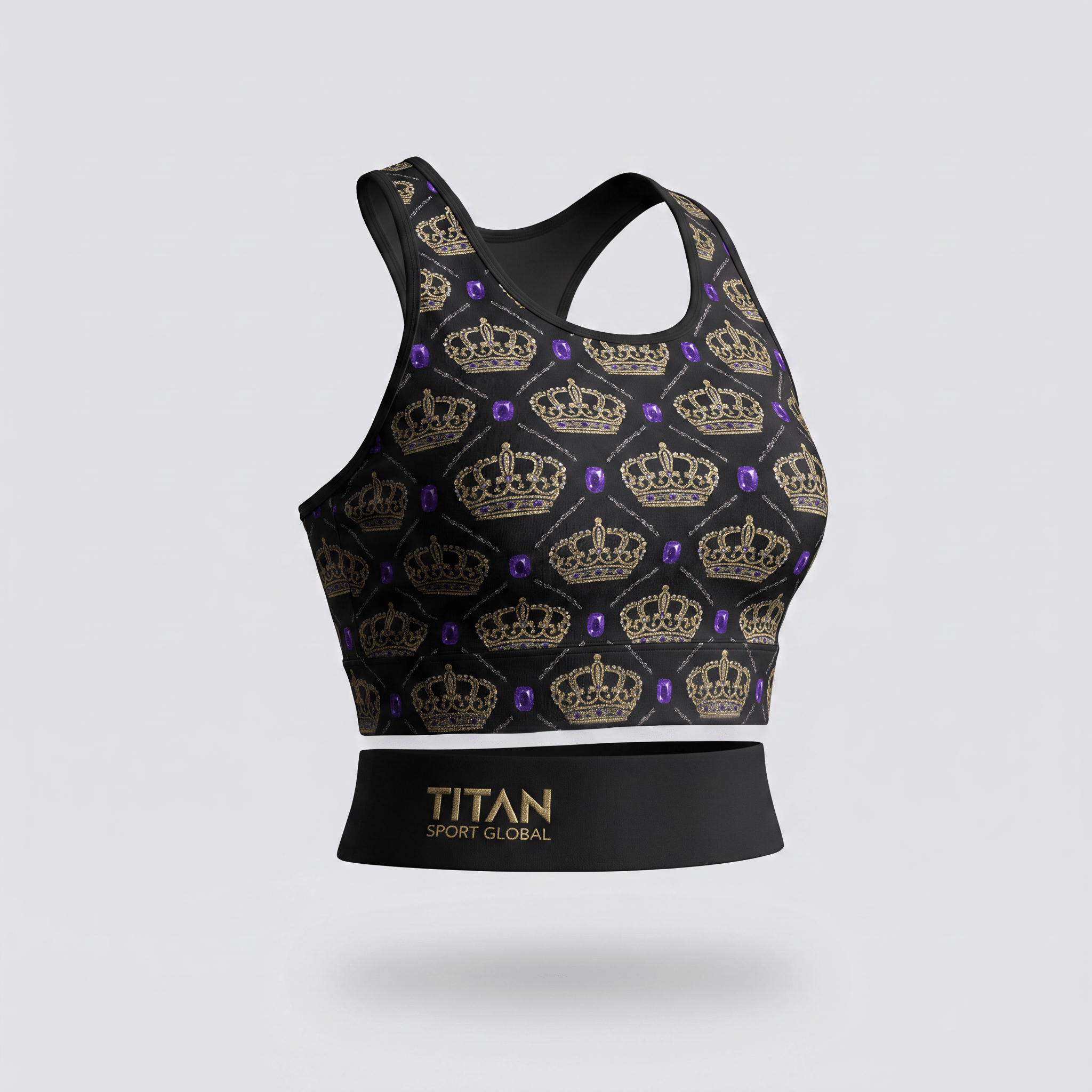 Black sports bra featuring a gold crown and purple gem pattern with Titan Sport Global branding.