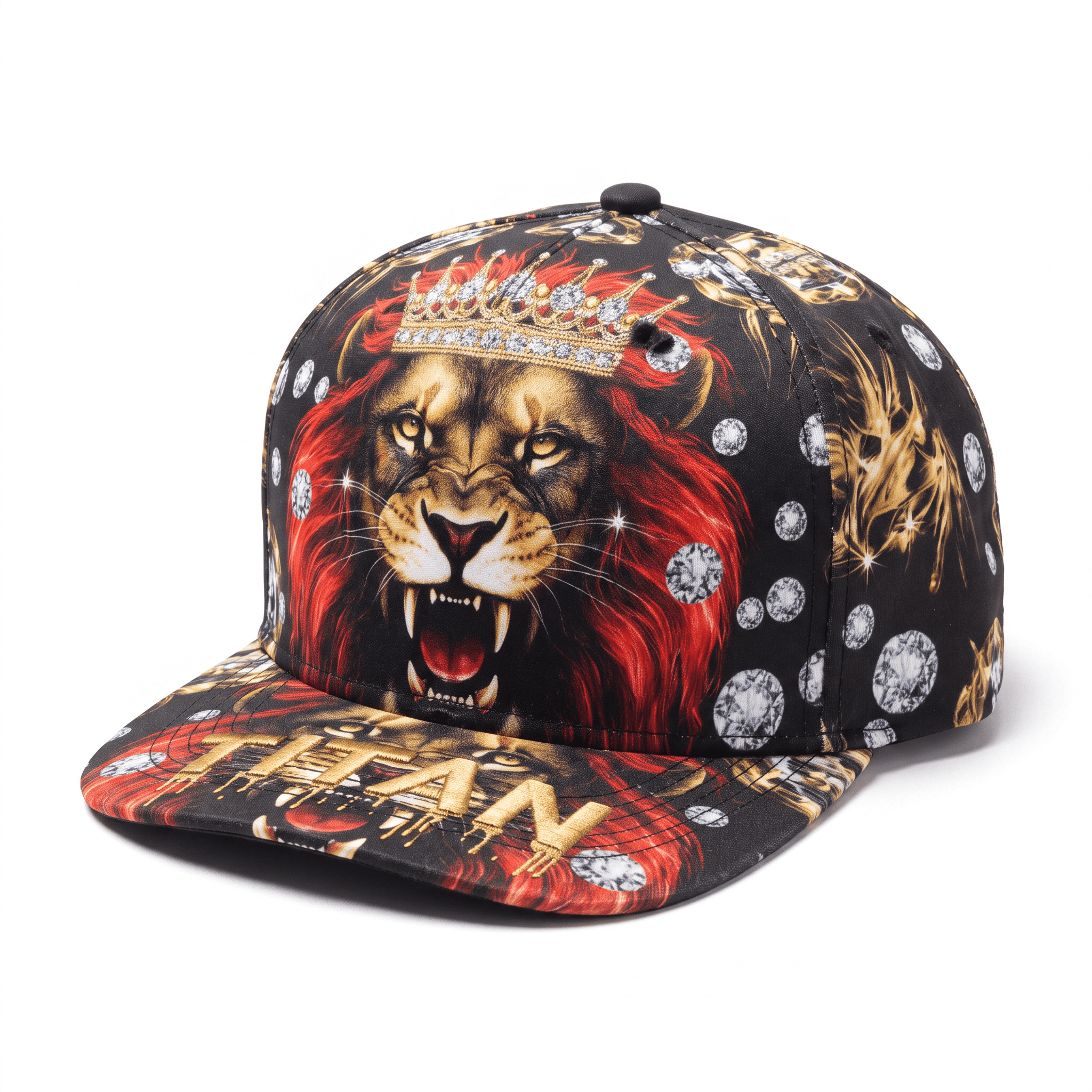 Black snapback hat featuring a roaring crowned lion, red mane, and diamond graphics on a white background.