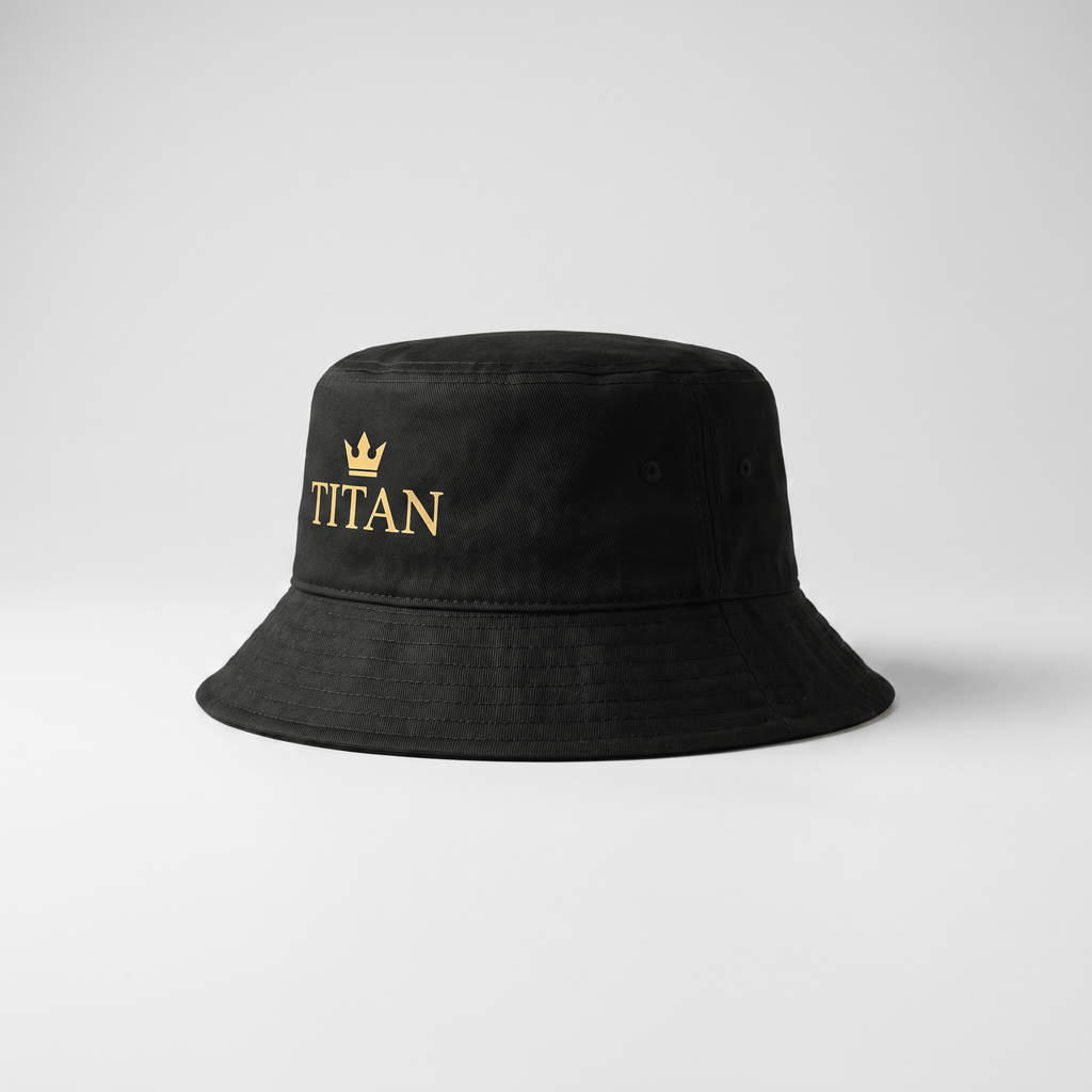 Black bucket hat with gold Titan text and crown logo embroidery on a light background.