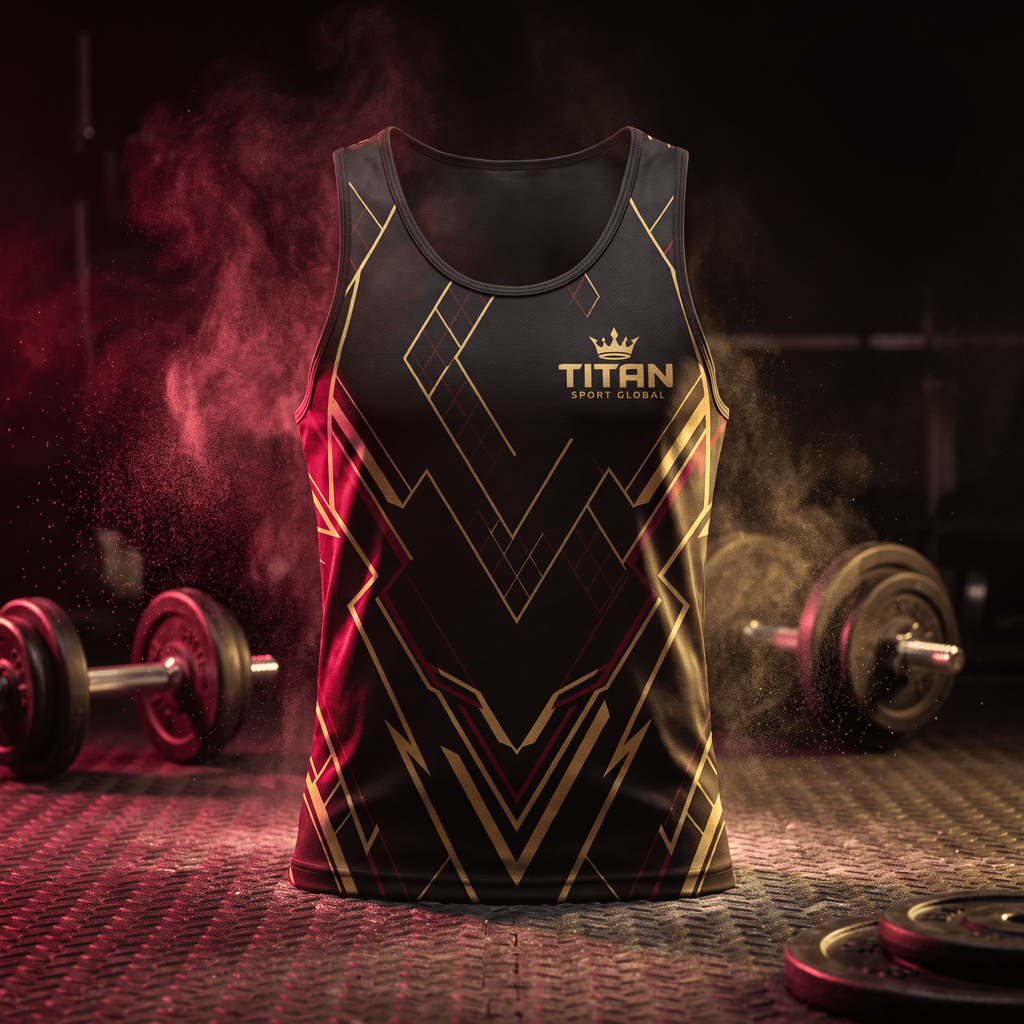 Black athletic tank top with gold and red geometric patterns and a "Titan Sport Global" crown logo in a gym setting.