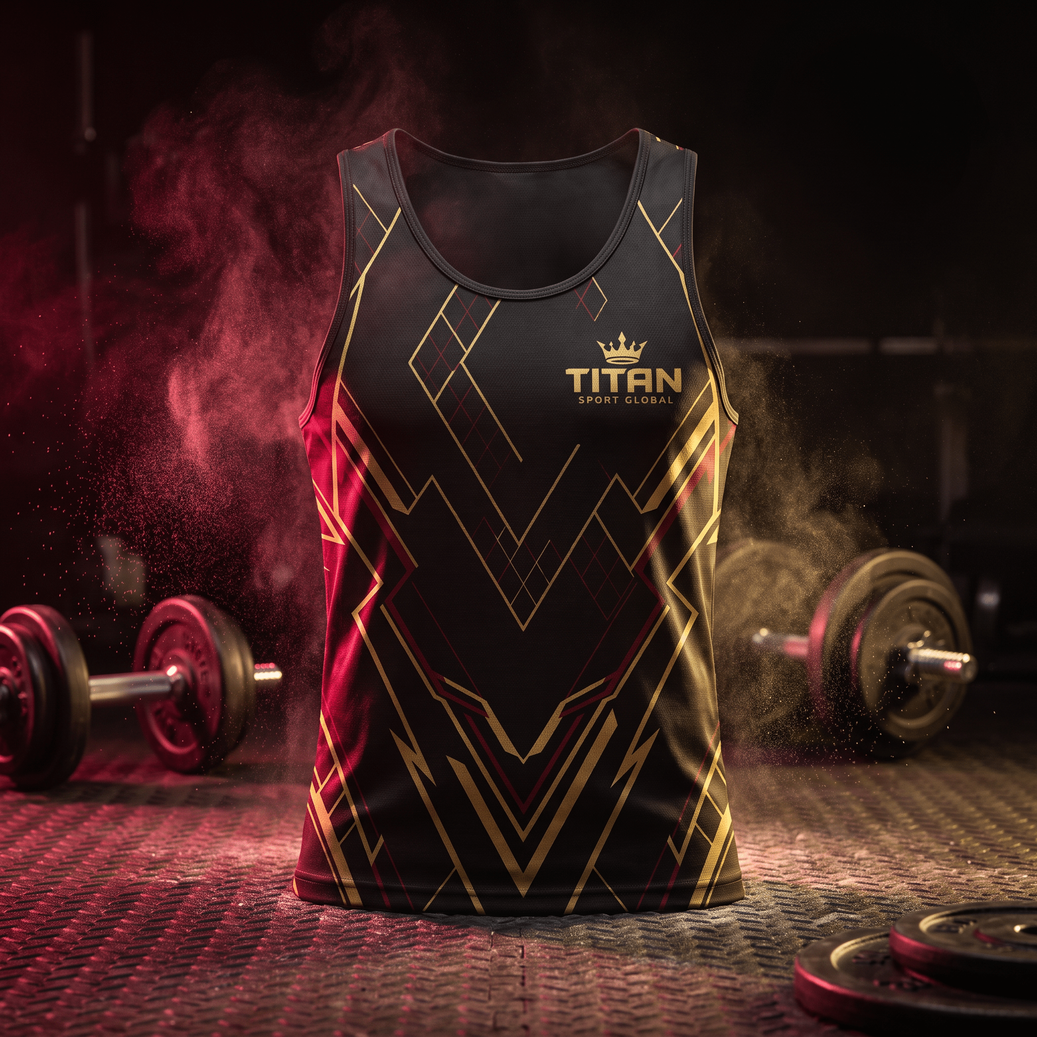 Black athletic tank top with gold and red geometric patterns and a "Titan Sport Global" crown logo in a gym setting.