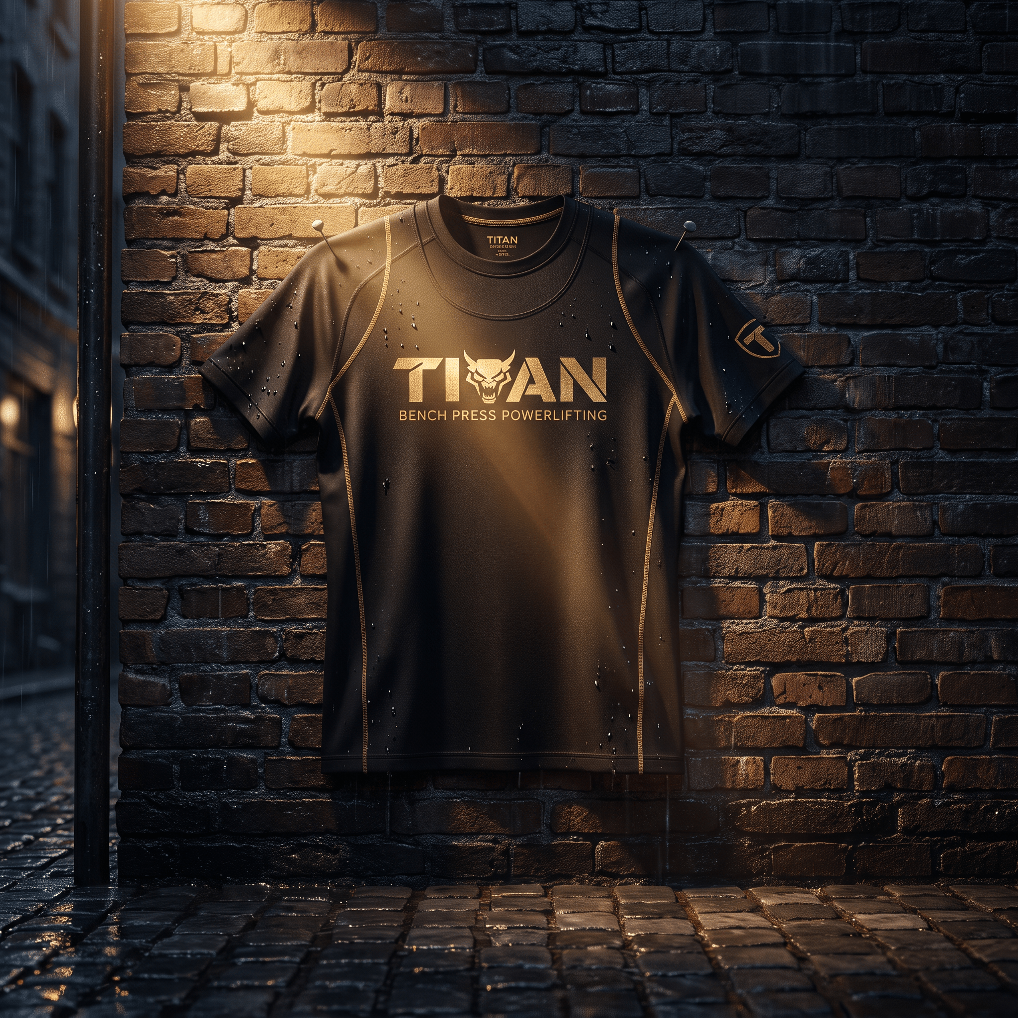 Black Titan powerlifting T-shirt with gold logo and accents, displayed on a rainy brick wall.