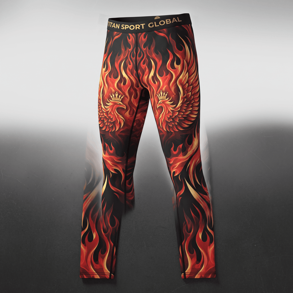 Black athletic compression pants with red and orange flames and phoenix crown graphics.