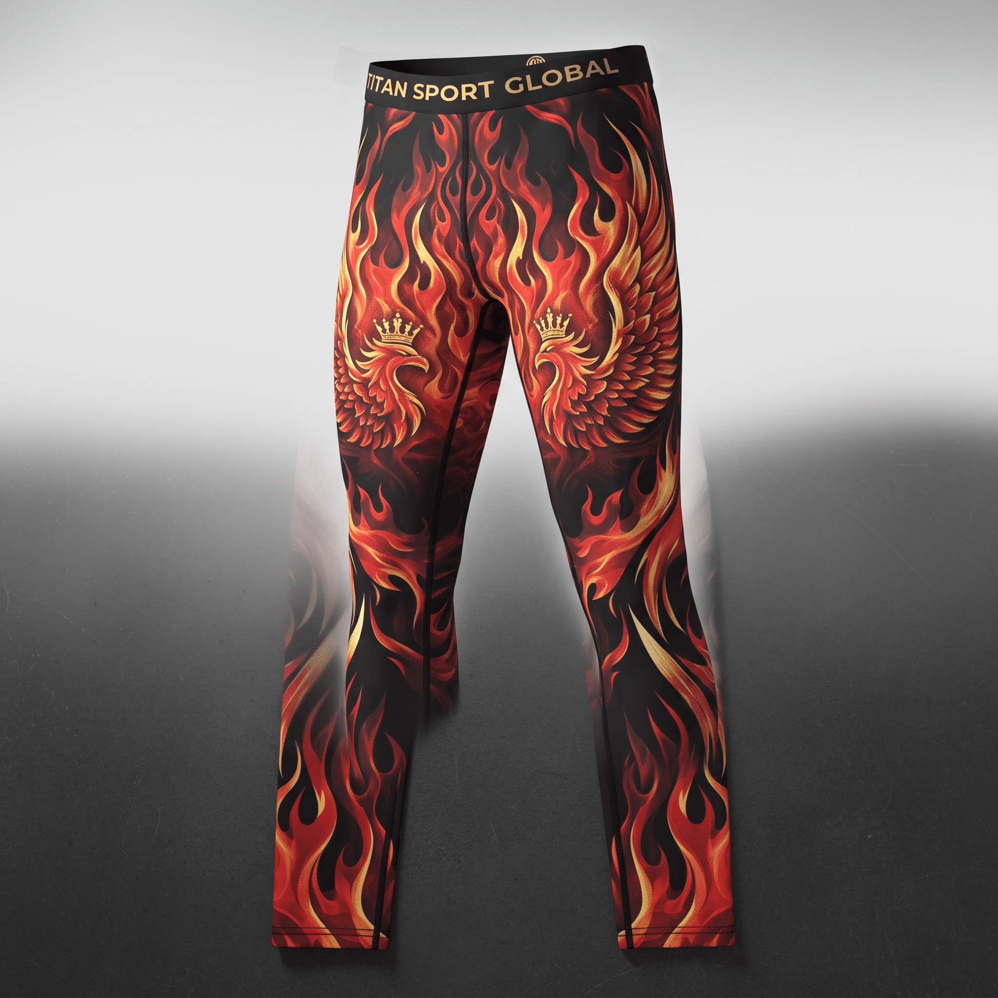 Black athletic compression pants with red and orange flames and phoenix crown graphics.