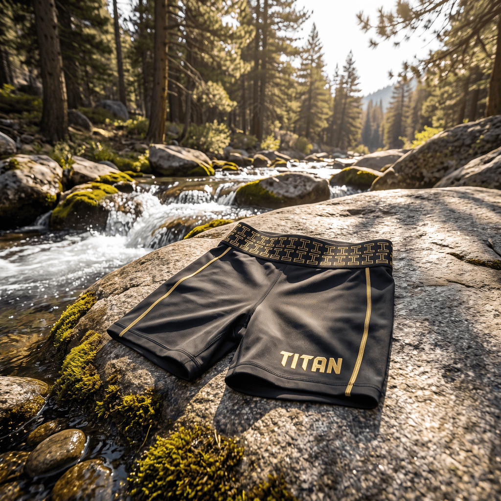 Black athletic shorts with gold "TITAN" logo, contrast stitching, and patterned waistband on a rocky riverside.