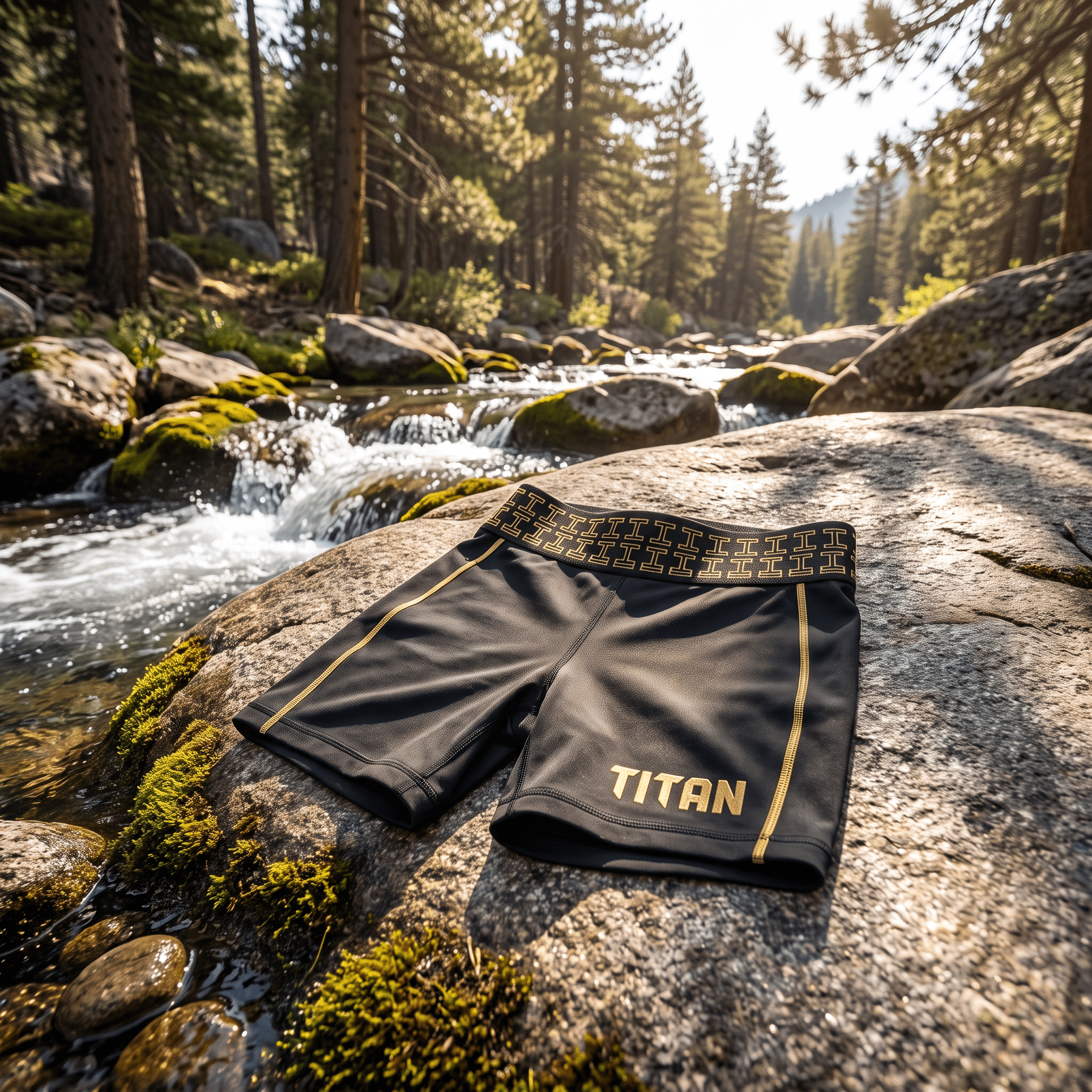 Black athletic shorts with gold "TITAN" logo, contrast stitching, and patterned waistband on a rocky riverside.