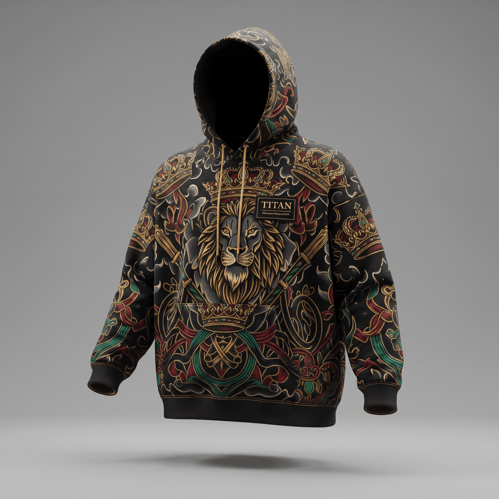 Black hoodie featuring an ornate gold lion and crown graphic with red and green baroque details.