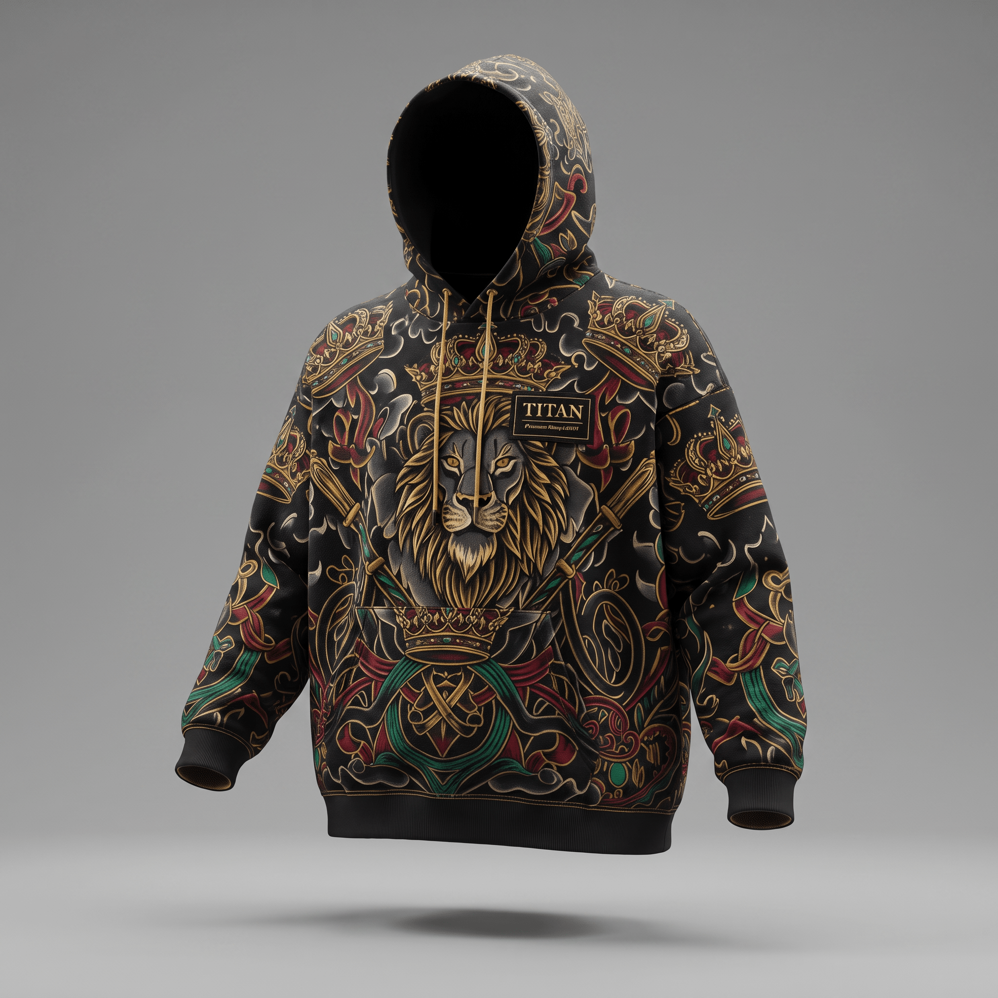 Black hoodie featuring a golden lion graphic, ornate crown patterns, and Titan logo branding.