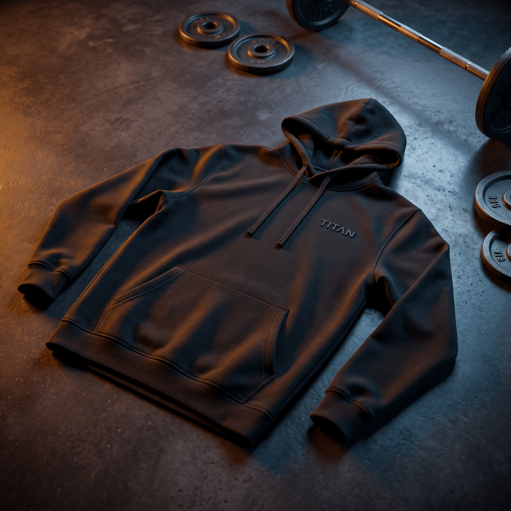 Black athletic hoodie with "TITAN" logo on chest, placed on a dark gym floor with barbell weights.