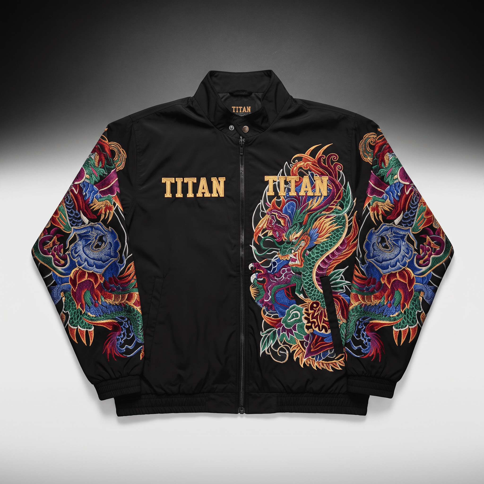 Black Titan bomber jacket with vibrant embroidered dragon artwork on sleeves and chest.