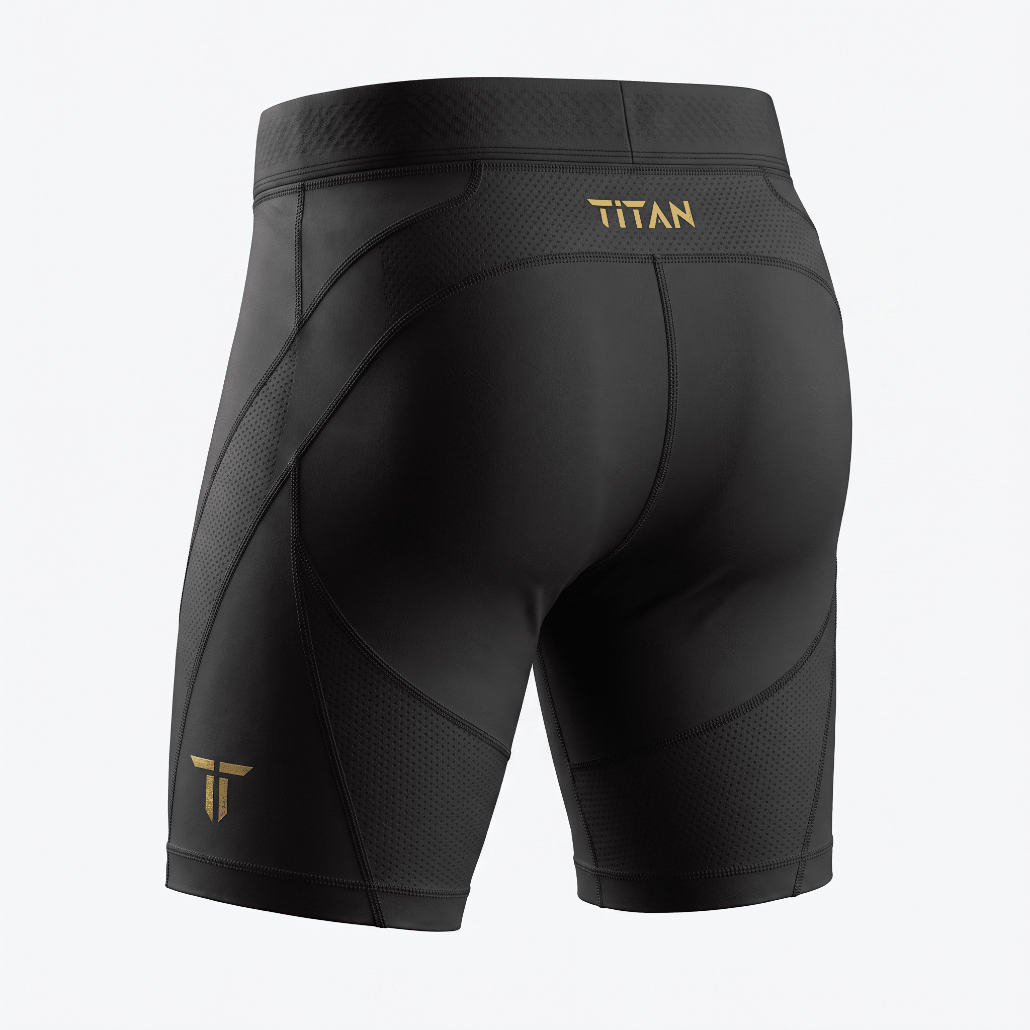 Back view of black Titan compression shorts with gold logo and perforated ventilation panels.