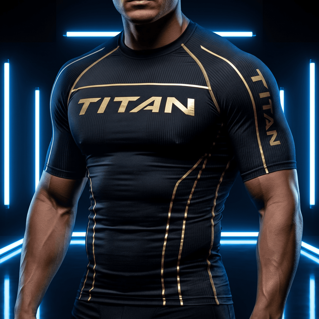 Muscular man wearing a black compression shirt with gold "TITAN" branding and gold accents against a blue neon background.