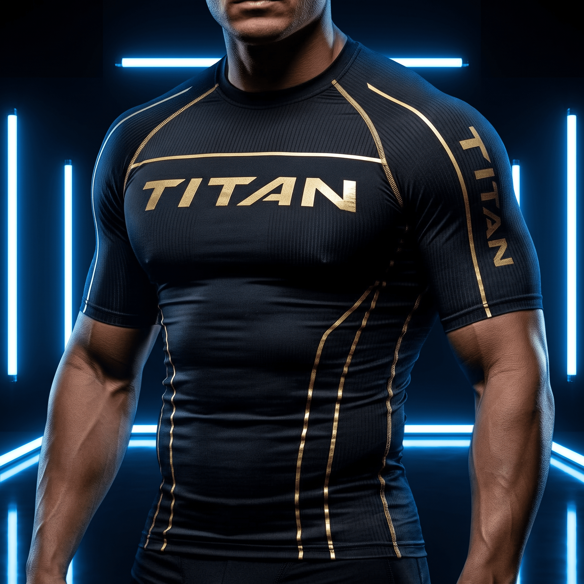 Muscular man wearing a black compression shirt with gold "TITAN" branding and gold accents against a blue neon background.