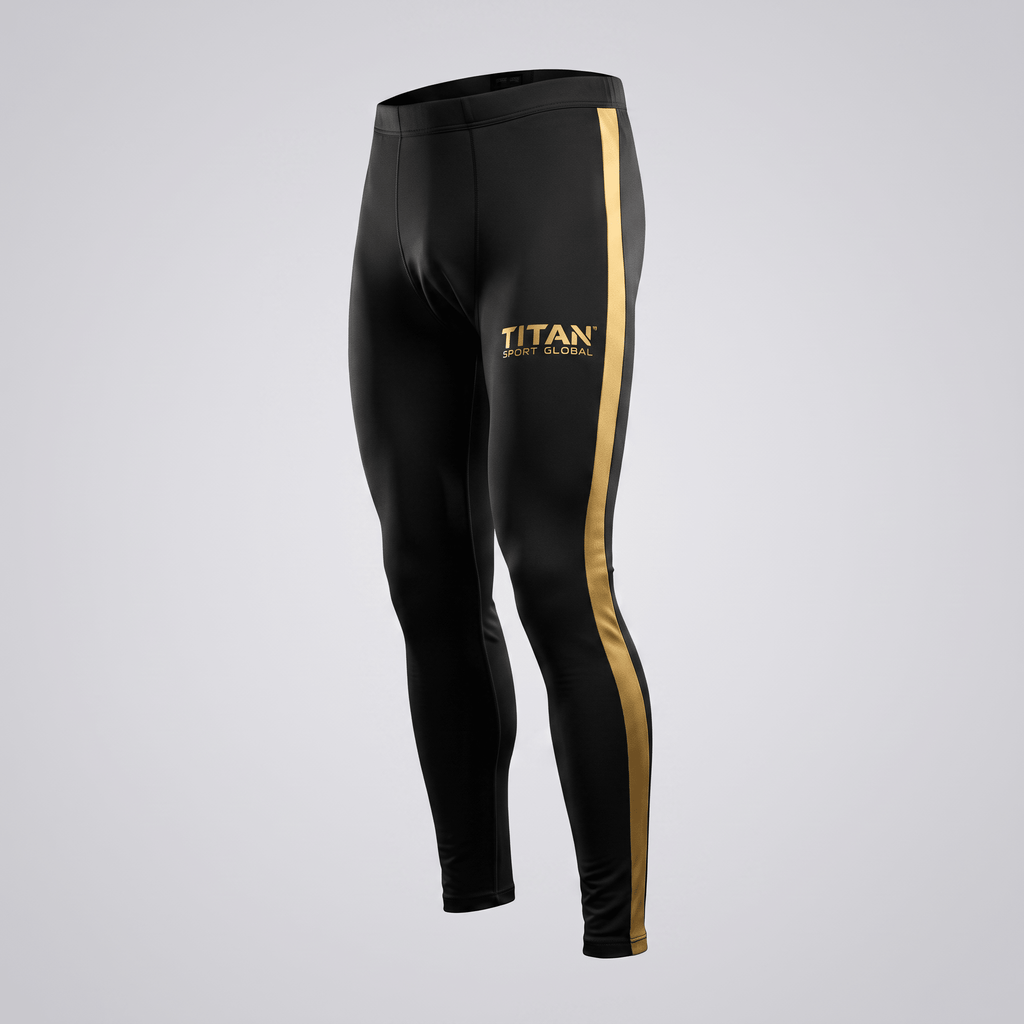 Black athletic leggings with gold side stripes and Titan Sport Global logo on the thigh.