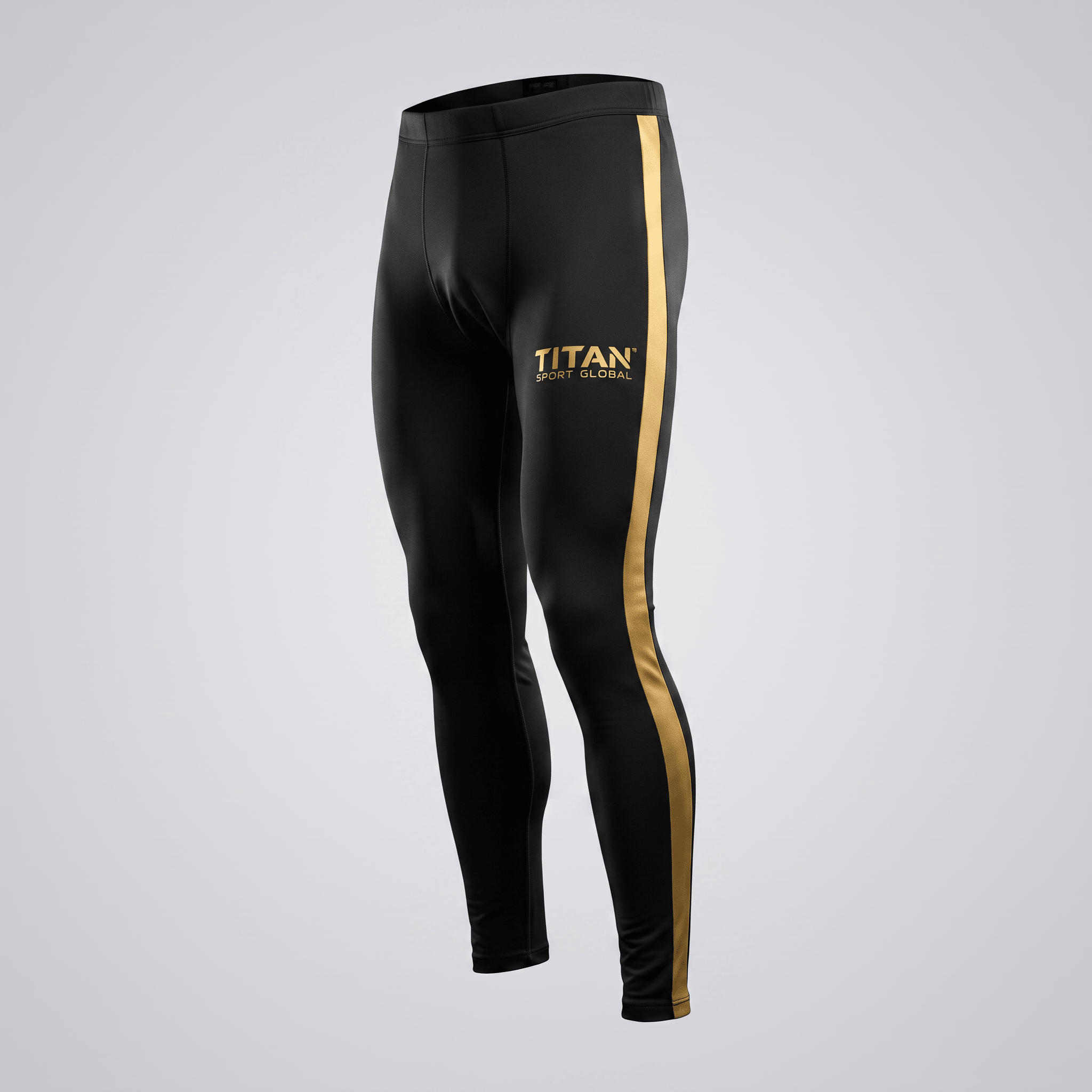 Black athletic leggings with gold side stripes and Titan Sport Global logo on the thigh.